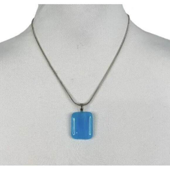 Silver Tone Necklace with Blue Retangle Pendant Slide on Chain 17” 3” Extender - Picture 1 of 8